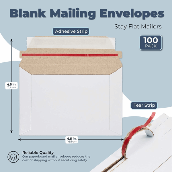 100 Pack 6.5 X 4.5 Rigid Mailers with Self Sealing Flap, Bulk Stay Flat Cardboard Envelopes for Shipping Postcards, Photos (White) - Image 5