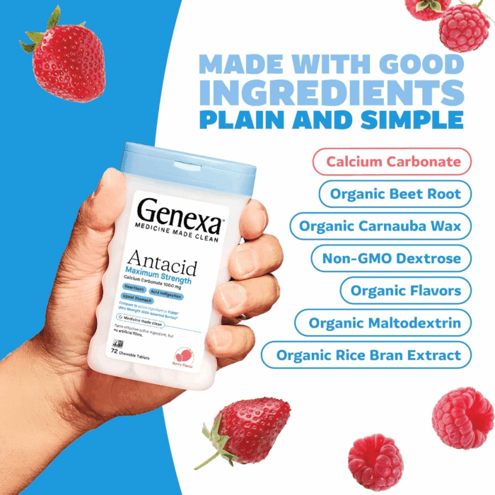 Clean Antacid Maximum Strength Chewable Tablets, Dye Free, 0% Artificial Additives, Calcium Carbonate Relief for Heartburn, Acid Indigestion, & Upset Stomach, Organic Berry Flavor, 72 Ct - Image 8