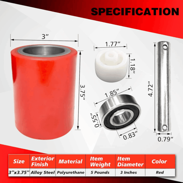 Pallet Jack/Truck Load Wheels Full Set with Axles and Entry Exit Roller 3" X 3.75" with Bearings ID 20Mm Red Pallet Jack/Truck Polyurethane Load Wheels Kit - Image 2