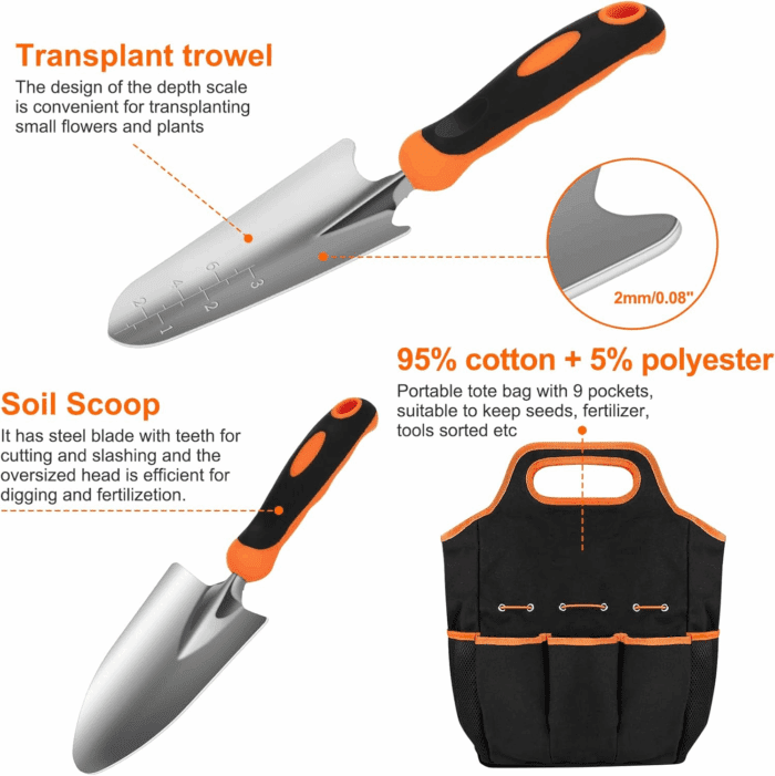 Gardening Tool Set,  Stainless Steel Heavy Duty Gardening Tool Set, with Non-Slip Rubber Grip, Storage Tote Bag, Outdoor Hand Tools, Ideal Gardening Gifts for Women - Image 4