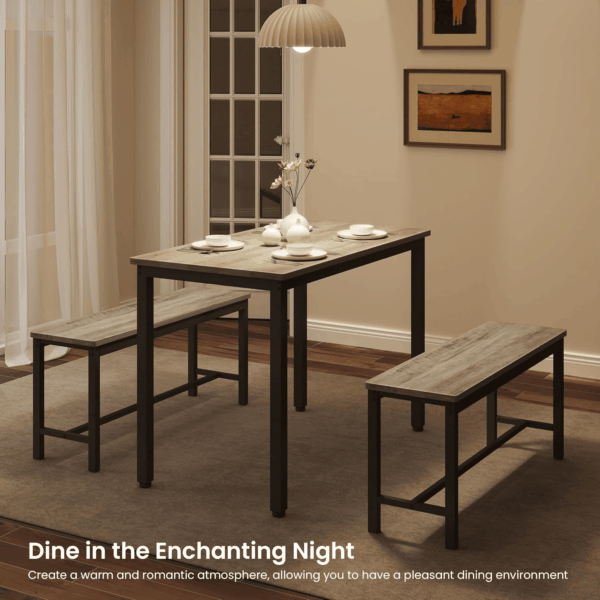 Dining Table Set for 4, Kitchen Room Table Set with 2 Benches, 3-Piece Dining Chairs Set for Breakfast Nook, Grey - Image 2