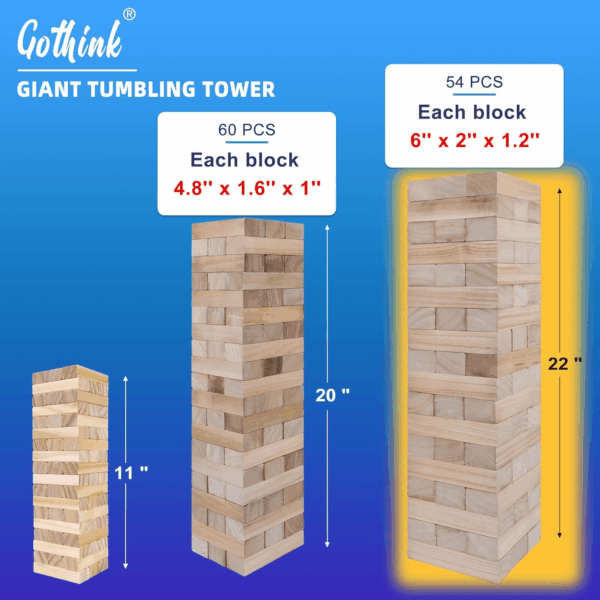 Giant Tumble Tower Game, Large Tumbling Tower Stack to over 4 FT 54Pcs Wooden Jumbo Blocks for outside Yard Games with Carry Case Timber Stacking Game Night Toy Gift for Kids Adults Family - Image 8
