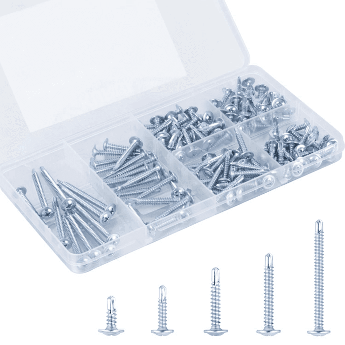 Self Tapping Screws Assortment Kit, #8 Sheet Metal Screws for Metal Wood & Plastic, 125Pcs Galvanized Truss Head Self Drilling Screws in 5 Sizes (1/2, 3/4, 1-1/4, 1In, 2In)