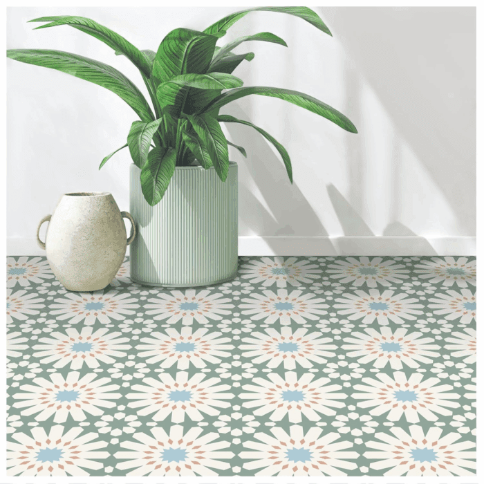 Peel and Stick Floor Tile - 20 PCS, 8" X 8" Vinyl Flooring - Waterproof Self-Adhesive Tile Sticker for Wall Backsplashes, Bathroom, Kitchen - Green and White Floral Look