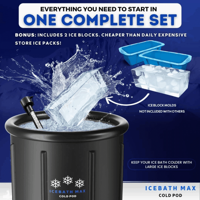Cold Plunge Tub for Athletes - Complete Starter Bundle: Portable Ice Bath, 2 Reusable Ice Blocks, Thermometer, Ice Tub for Outdoor Cold Water Therapy - Indoor & Outdoor Inflatable Ice Bath - Image 2