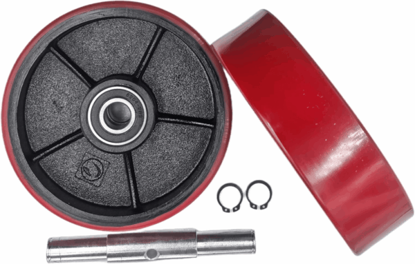 A Pair of Pallet Jack Steering Wheels Set 7" X 2" Poly Tread Red Color,With Bearings Pre-Installed, Includes Axle, Fasteners by - Image 6