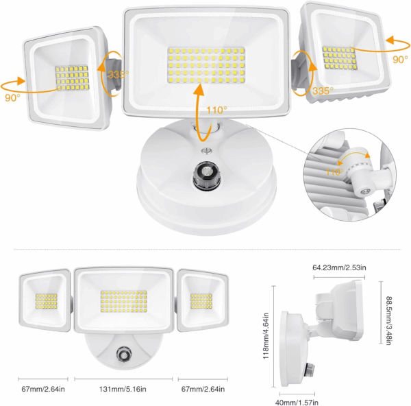 60W LED Dusk to Dawn Outdoor Lighting, 6000LM Exterior Flood Lights, IP65 Waterproof Outdoor 3 Adjustable Heads Photocell Lights Fixture, 6500K Daylight Floodlights for Garage, Patio, Yard - Image 7