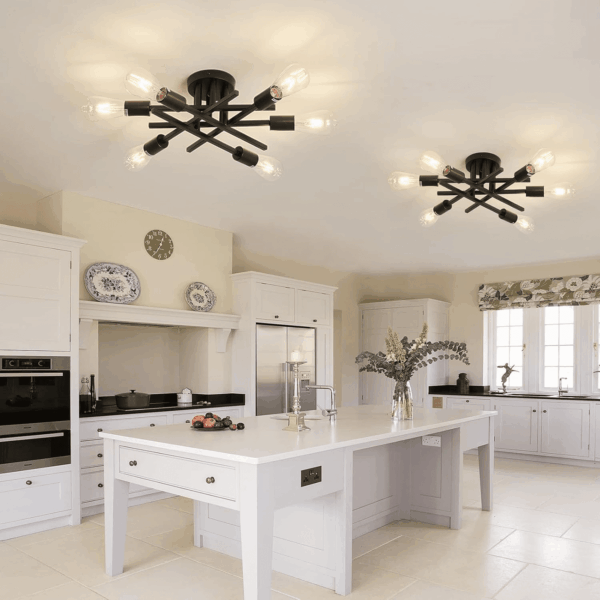 6-Lights Semi Flush Mount Ceiling Light Fixture 2-Pack Black Vintage Matte Sputnik Chandelier Ceiling Lamp for Farmhouse Dining Room Living Room Bedroom Kitchen Entryway - Image 2