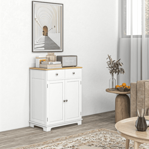 Sideboard with Solid Wood Countertop, Modern Kitchen Storage Cabinet, Coffee Bar Cabinet with 2 Drawers, Doors and Adjustable Shelf, Distressed White - Image 2