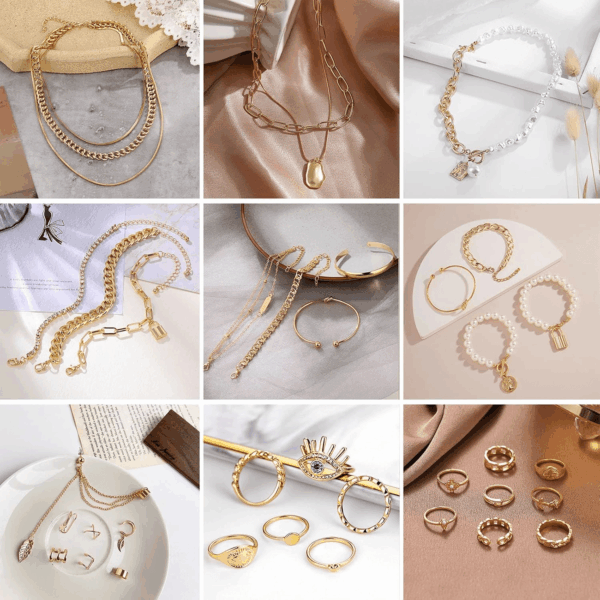 36 PC Gold Plated Jewelry Set with 4 Necklace, 11 Bracelet, 7 Ear Cuffs Earring, 14 Knuckle Rings for Women Girls Valentine Anniversary Birthday Friendship Gift - Image 2