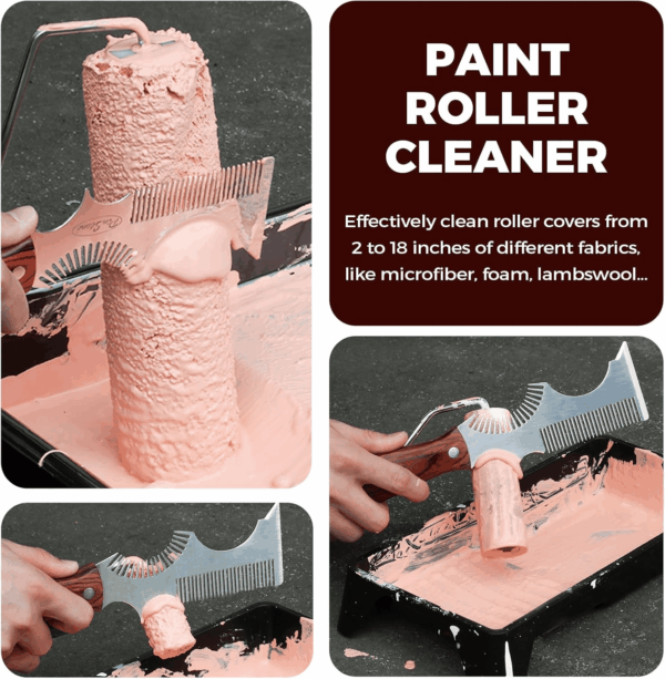8-In-1 Painters Tool - Paint Brush Comb, Paint Roller Cleaner, Stainless Steel Scraper, Putty Knife, Paint Can Opener, Wooden Handle - Image 4