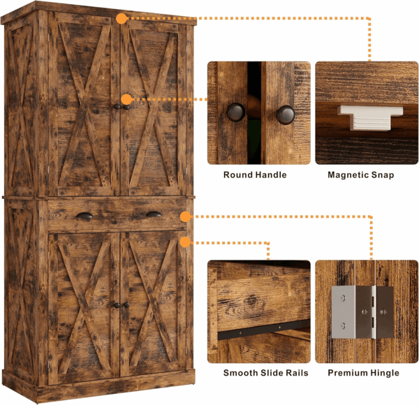 Kitchen Pantry Storage Cabinet 72.6" H, with Barn Doors, Drawer, 4 Adjustable Shelves, Freestanding Cupboard for Dining Room Living Room, Laundry, Vintage Brown - Image 7