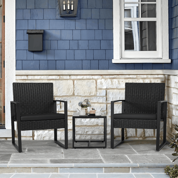 3 Pieces Patio Set Outdoor Wicker Furniture Sets Modern Rattan Chair Conversation Sets with Coffee Table for Yard and Bistro (Black) - Image 2