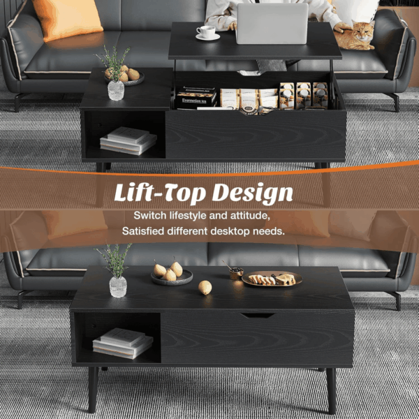 Coffee Table Black, Lift Top Coffee Tables for Living Room, Small Rising Wooden Dining Center Tables with Storage Shelf and Hidden Compartment - Image 4