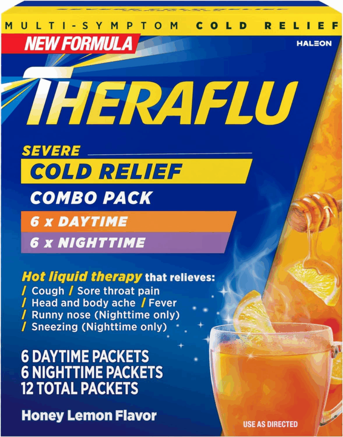 Combo Daytime and Nighttime Severe Cold Relief Powder, Honey Lemon Flavor, 12 Count, 6 Daytime + 6 Nighttime