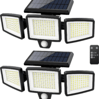 Solar Outdoor Lights 2500LM 210 LED Security Lights with Remote Control,3 Heads Motion Sensor Lights, IP65 Waterproof,270° Wide Angle Flood Wall Lights with 3 Modes(2 Packs)