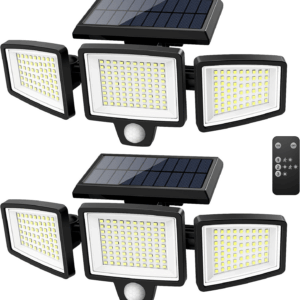 Solar Outdoor Lights 2500LM 210 LED Security Lights with Remote Control,3 Heads Motion Sensor Lights, IP65 Waterproof,270° Wide Angle Flood Wall Lights with 3 Modes(2 Packs)