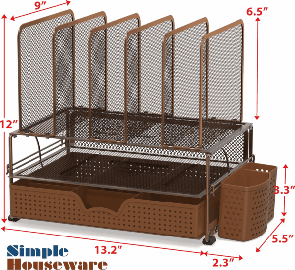 Mesh Desk Organizer with Sliding Drawer, Double Tray and 5 Upright Sections, Copper - Image 2