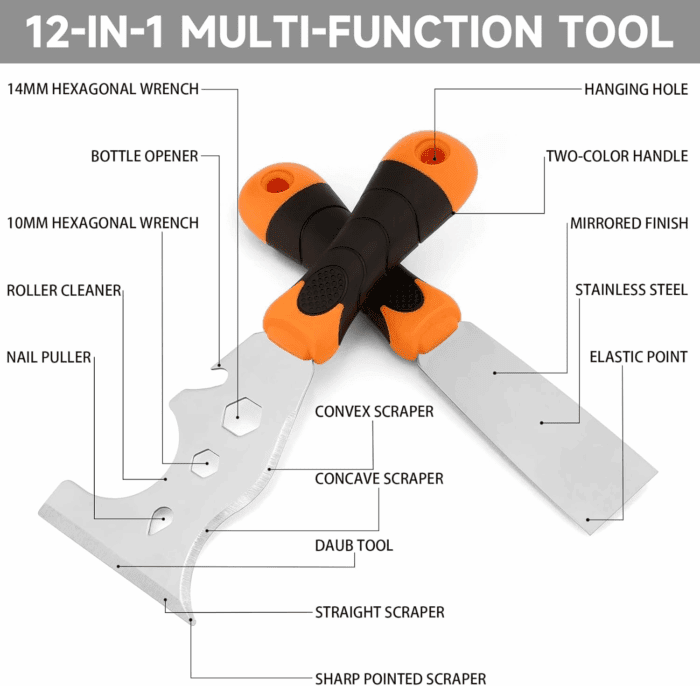 -2 Pack, 12-In-1 Paint Scraper Tool，Multi-Use Painters Tool, 1.5 Inch Stainless Steel Putty Knife Scraper，Paint Scraper for Painting & Wood，Razor Blade Scraper - Image 2
