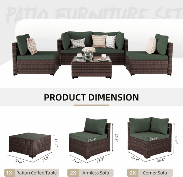 5 Pieces Patio Furniture Sets Outdoor Sectional Sofa Wicker Conversation Couch for Decks, Backyards, Gardens, Brown Rattan, Pine Green Cushion - Image 2