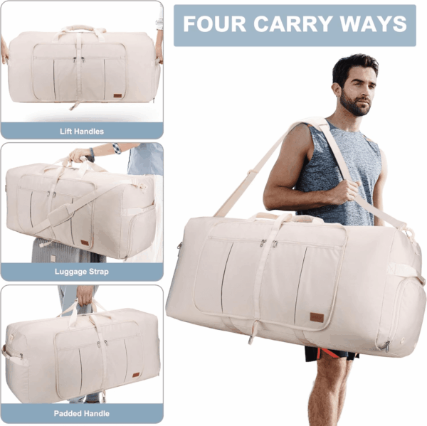 120L Travel Duffle Bag for Men and Women,  34” Large Duffle Bag for Traveling with Shoe Compartment, Foldable Duffel Bag Water & Tear Resistant (Beige) - Image 7