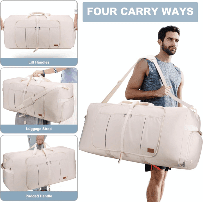 120L Travel Duffle Bag for Men and Women,  34” Large Duffle Bag for Traveling with Shoe Compartment, Foldable Duffel Bag Water & Tear Resistant (Beige) - Image 7