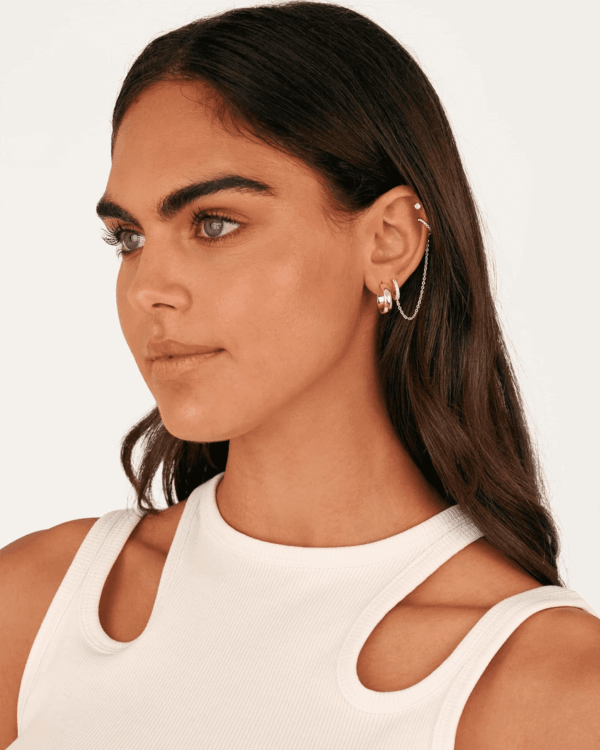 14K Gold Chain Earrings for Women | Double Piercing Dangle Chain Huggie Hoop Earrings | Cubic Zirconia Pearl Stud Ear Cuff Earrings for Women - Image 5