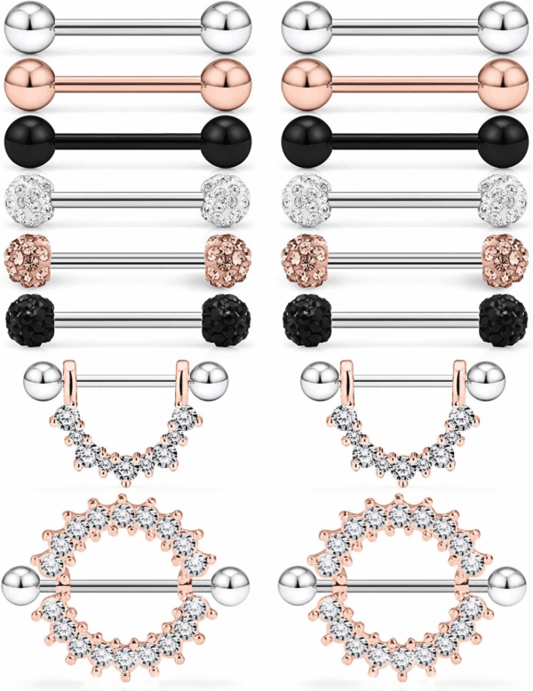 12-16Pcs 16G 14G Surgical Steel Tongue Ring Nipple Shield Barbell Ring Bar Nipplerings Body Piercing Jewelry for Women Men