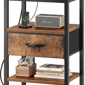 Nightstand with Charging Station, Bed Side Table with Adjustable Fabric Drawer, Night Stand for Bedroom, 3-Tier Storage End Table, for Living Room, Rustic Brown