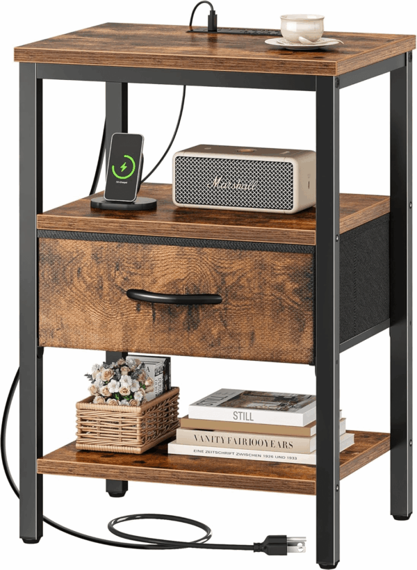Nightstand with Charging Station, Bed Side Table with Adjustable Fabric Drawer, Night Stand for Bedroom, 3-Tier Storage End Table, for Living Room, Rustic Brown