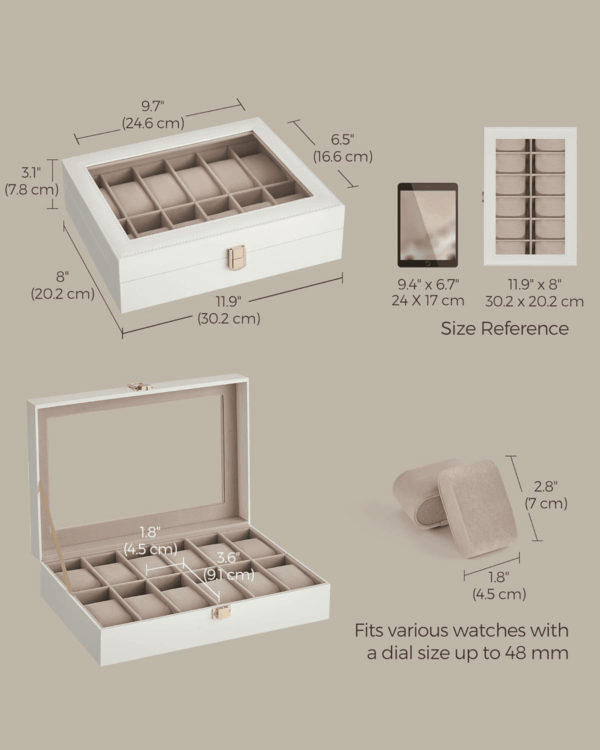 Watch Box, 12-Slot Watch Case with Large Glass Lid, Removable Watch Pillows, Watch Box Organizer, Gift for Loved Ones, Cloud White Synthetic Leather, Cappuccino Beige Lining UJWB120W01 - Image 6