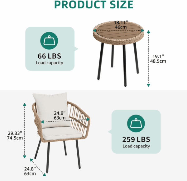 3 Pieces Outdoor Wicker Patio Conversation Bistro Set, All-Weather Rattan Patio Furniture Set with Table & Cushions, Outdoor Sectional Sofa for Patio, Balcony, Backyard, Deck - Image 2