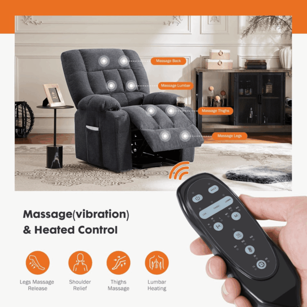 Recliner Chair with Vibrating Massage and Heating, Home Theater Seating with Lumbar Support, Adjustable Electric Power Lift Chairs with Cup Holders Remote Control for Living Room, Grey - Image 3