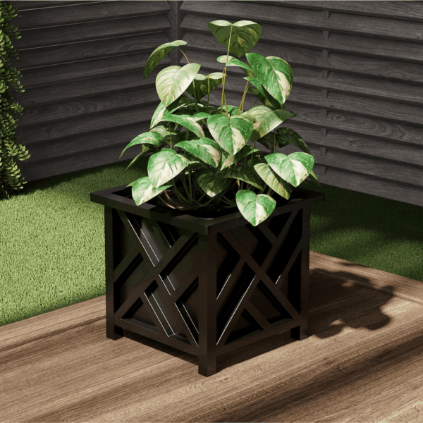 Lattice Design Planter Box – 14.75-Inch-Square Decorative Outdoor Flower or Plant Pot – Front Porch, Patio, and Garden Decor (Black) - Image 5
