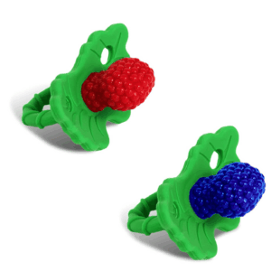 Razberry Silicone Teether Pacifier – Teething Relief for Infants, Food-Grade, Bpa-Free, Hands-Free, Natural Berrybumps Fruit Texture for Sensory Development, Freezable, 2-Pack - Red & Blue