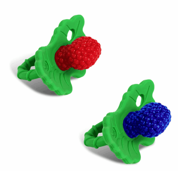 Razberry Silicone Teether Pacifier – Teething Relief for Infants, Food-Grade, Bpa-Free, Hands-Free, Natural Berrybumps Fruit Texture for Sensory Development, Freezable, 2-Pack - Red & Blue