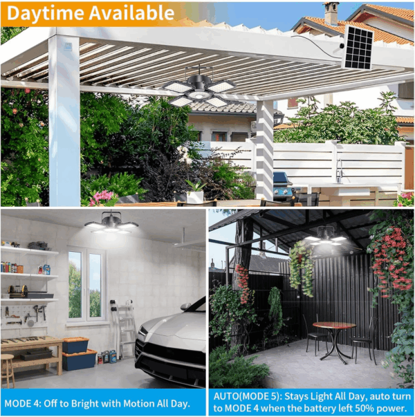 Solar Shed Light Outdoor Indoor, 176LED Solar Powered Motion Sensor Pendant Light Daytime Available, Solar Indoor Lights with 5 Lighting Modes & Remote for Shed Gazebo Barn Garage Home - Image 2