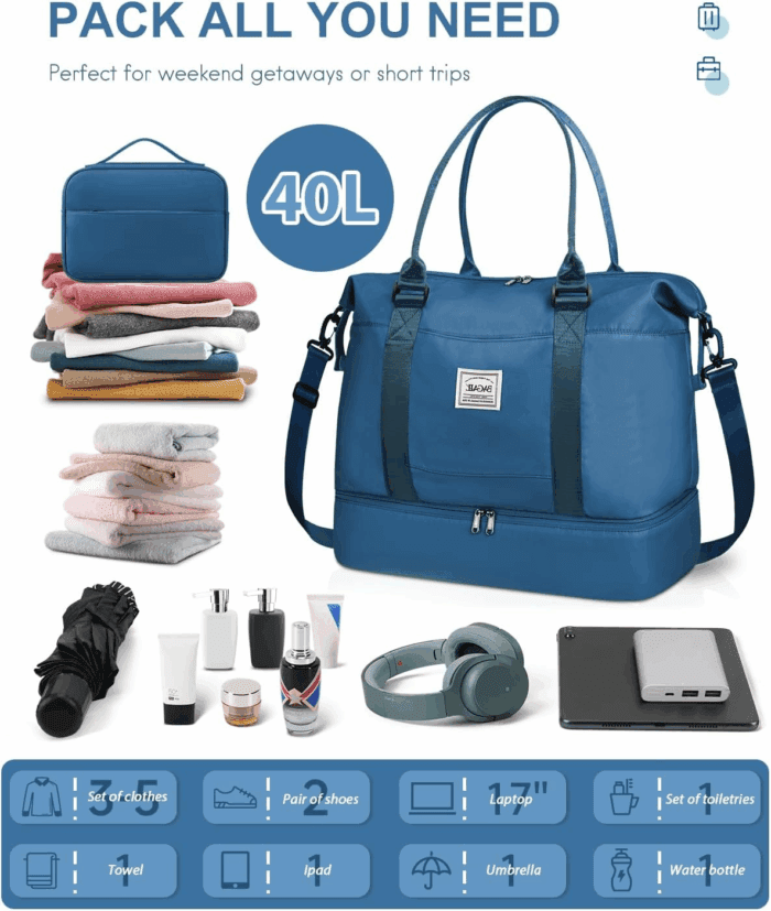 Travel Duffel Bag, Weekender Bags for Women, Overnight Gym Carry on Tote Bag with Wet Pocket, Hospital Mom Bag for Labor and Delivery - Extra Large Set, Peacock Blue - Image 2