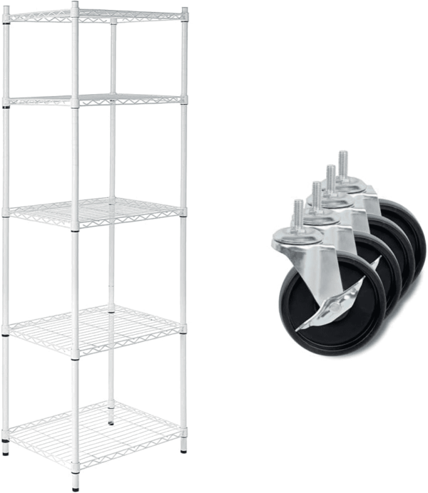 5-Tier White Shelving Unit (SHF-01055) + 4" Caster Wheels for Shelving Units (Set of 4)