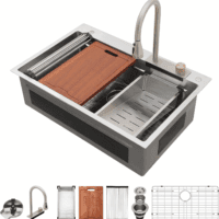 33 Waterfall Kitchen Sink - 33X22 Drop in Sinks Stainless Steel Single Bowl 16 Gauge Smart Workstation Sink with Faucet Combo Glass Rinser Topmount Multifunctional Waterfall Sinks