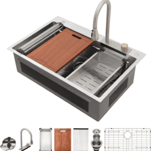33 Waterfall Kitchen Sink - 33X22 Drop in Sinks Stainless Steel Single Bowl 16 Gauge Smart Workstation Sink with Faucet Combo Glass Rinser Topmount Multifunctional Waterfall Sinks