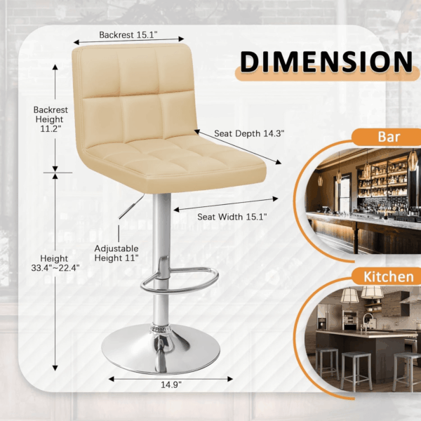 Bar Stools Modern PU Leather Adjustable Swivel Barstools, Armless Hydraulic Kitchen Counter Bar Stool Extra Height Square Island Barstool with Back Set of 2 (Leather, Beige) - Image 3