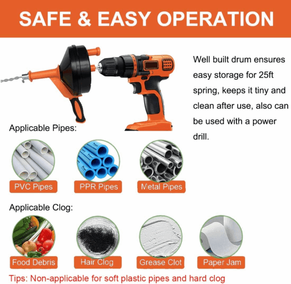 Drain Auger, Clog Remover with Drill Adapter, 25 Feet Flexible Plumbing Snake Use Manually or Powered for Kitchen,Bathrom and Shower Sink, Comes with Gloves (Orange) - Image 7