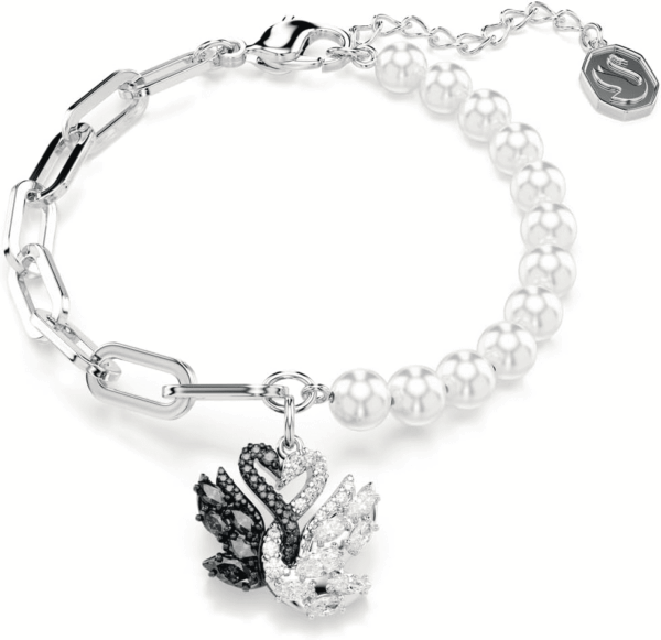 Swan Bracelet, Crystal Pearl, Swan, Black, Rhodium Finish - Image 2