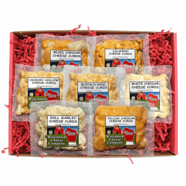 - 100% Wisconsin Cheese Curd Variety Sampler Gift Box - (Pack of 7) | Huge Gift Box | Perfect for Parties, Charcuterie Boards and Birthday Gifts | Cheese Curds | Housewarming Gift | Birthday Gift | Great Easter Gift for Cheese Lovers