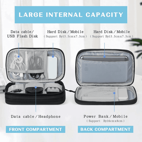 Travel Cable Organizer Pouch Electronic Accessories Carry Case Portable Waterproof Double Layers All-In-One Storage Bag for Cord, Charger, Phone, Earphone Black - Image 3