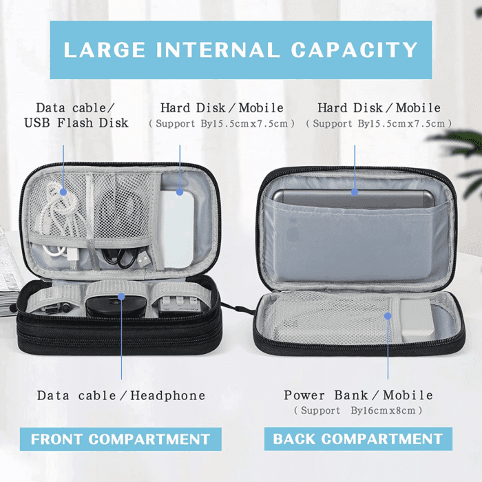 Travel Cable Organizer Pouch Electronic Accessories Carry Case Portable Waterproof Double Layers All-In-One Storage Bag for Cord, Charger, Phone, Earphone Black - Image 3