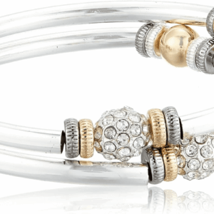 Tri-Tone and Crystal Set of 2 Bangle Bracelet