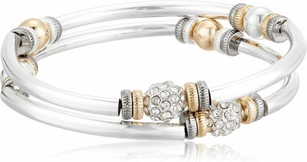 Tri-Tone and Crystal Set of 2 Bangle Bracelet