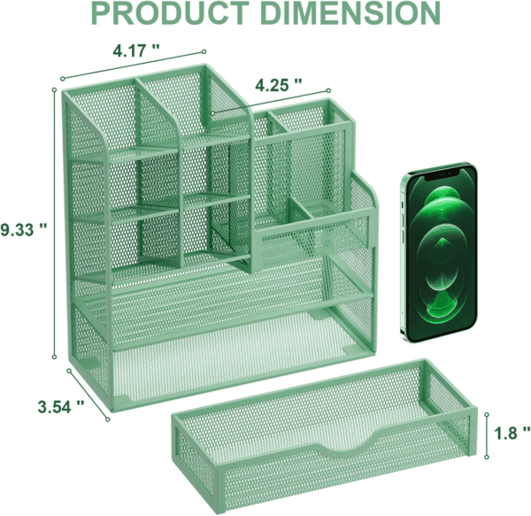 Mesh Pen Holder for Desk, Multi-Functional Pencil Organizer with Drawer, Desk Organizers and Accessories for Office Art Supplies (Green) - Image 5